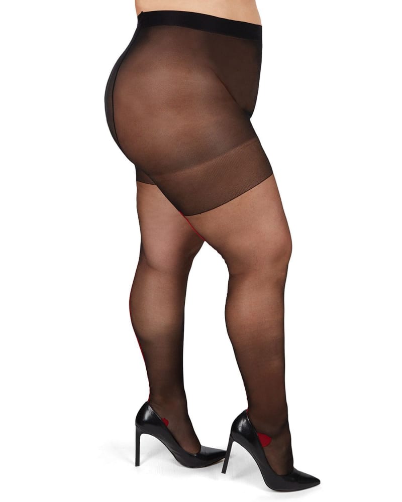 Side of a model wearing a size 3X-4X Back Seam/Cuban Heel Plus Size Curvy Control Top Pantyhose in Black-Red by Memoi. | dia_product_style_image_id:299821